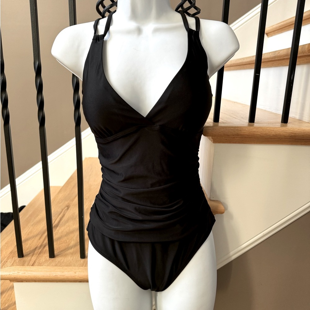 Black NEW one piece tummy control ruched waist swimsuit Size Small corset back 2